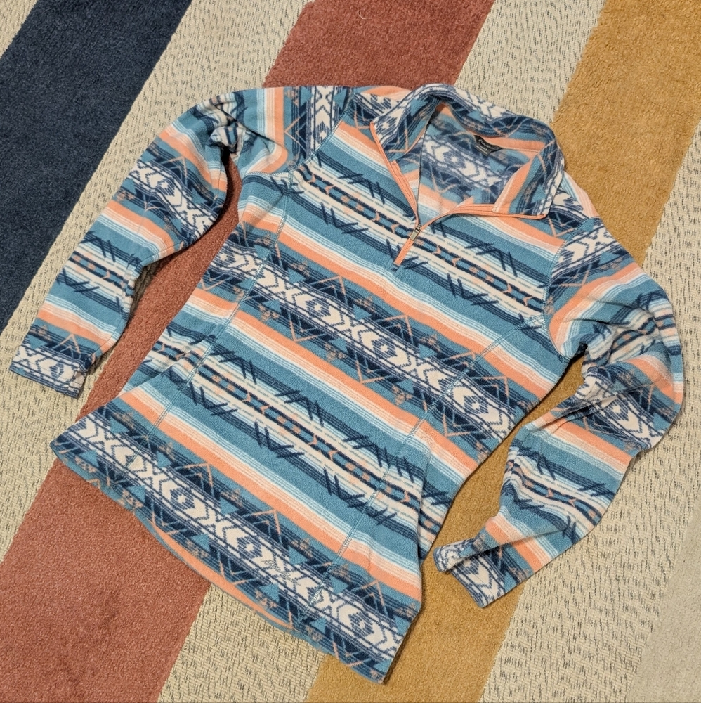 Eddie Bauer Quarter Zip Fleece Pullover Sweater Blue Aztec Print S Small
